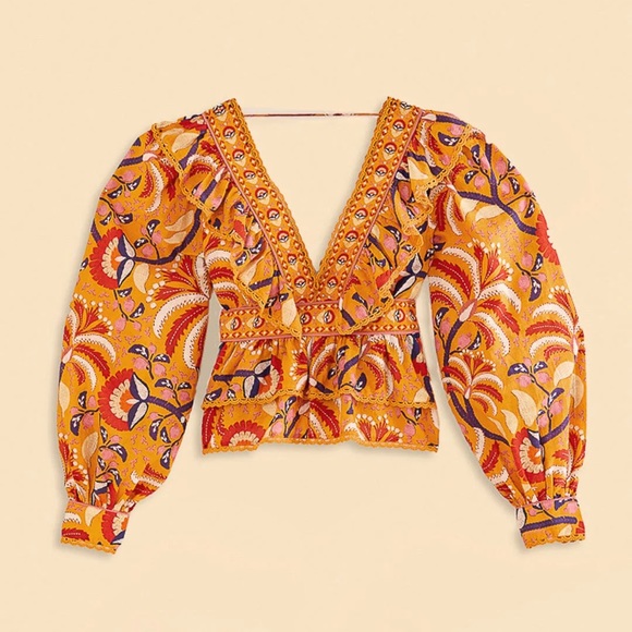 FARM RIO Palms Party Yellow Ruffled Blouse - Picture 3 of 9